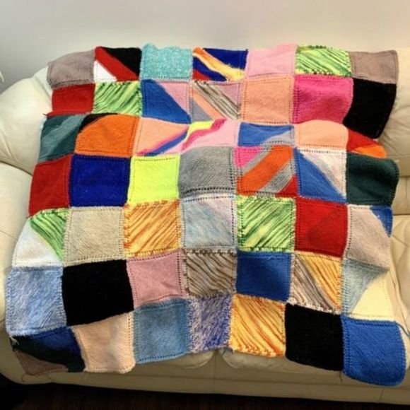 Other - HANDMADE Patchwork Square Afghan Blanket Throw 42x42” Knitted Crochet Cover Boho